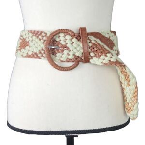 Vintage 70s Jeonsook Oh Brown Woven Faux Leather & Natural Cotton Braided Belt